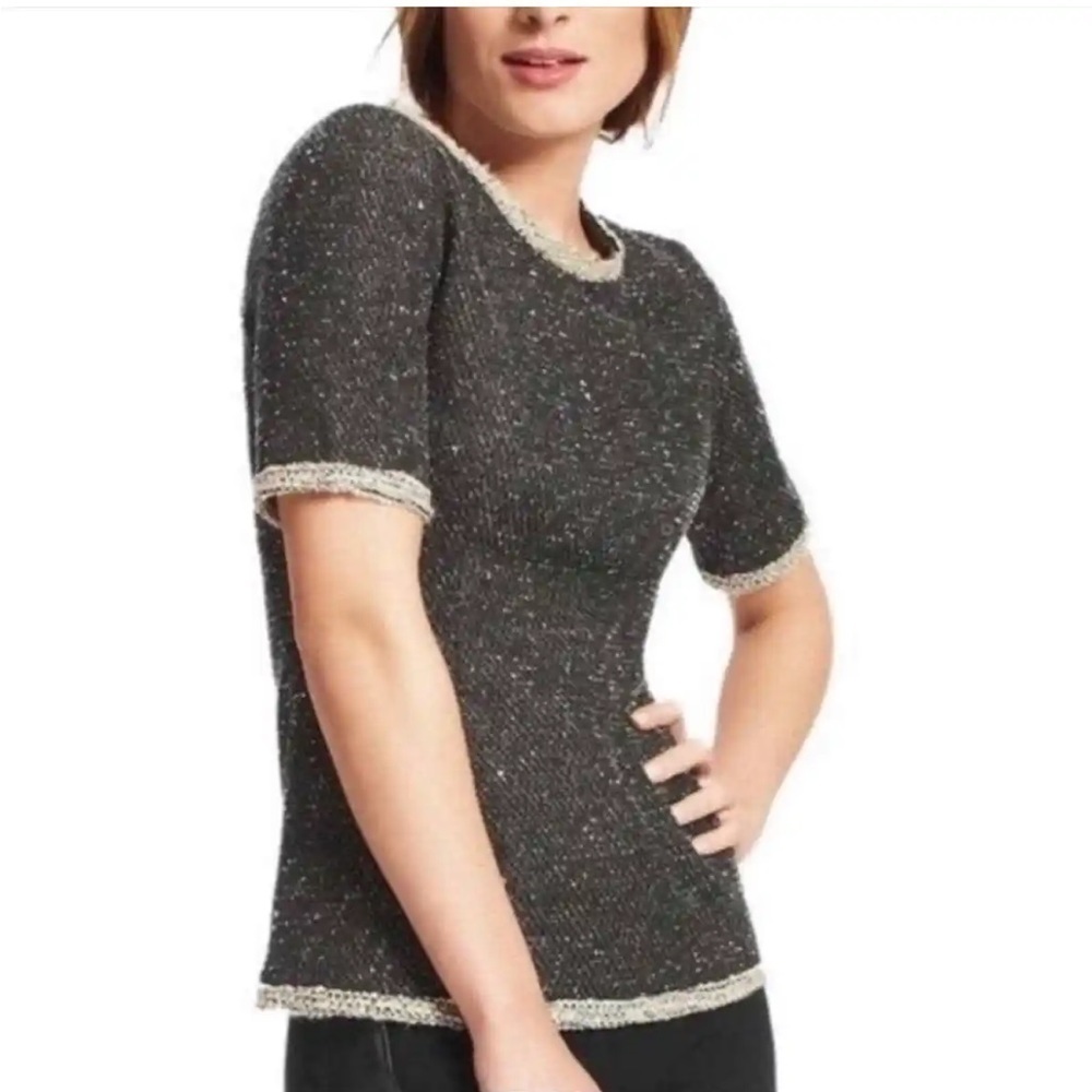 CAbi Short Sleeve Knit Sweater Top Coco Shell Black/Gray Sz M